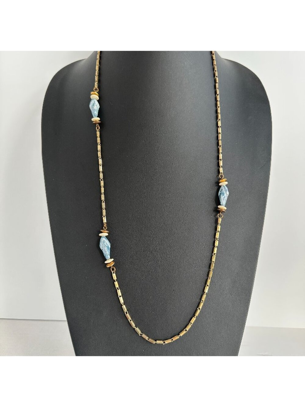 Art Deco Gold Tone Bar Link Necklace Blue Marbled Glass Beads Shell Spacers 32"
